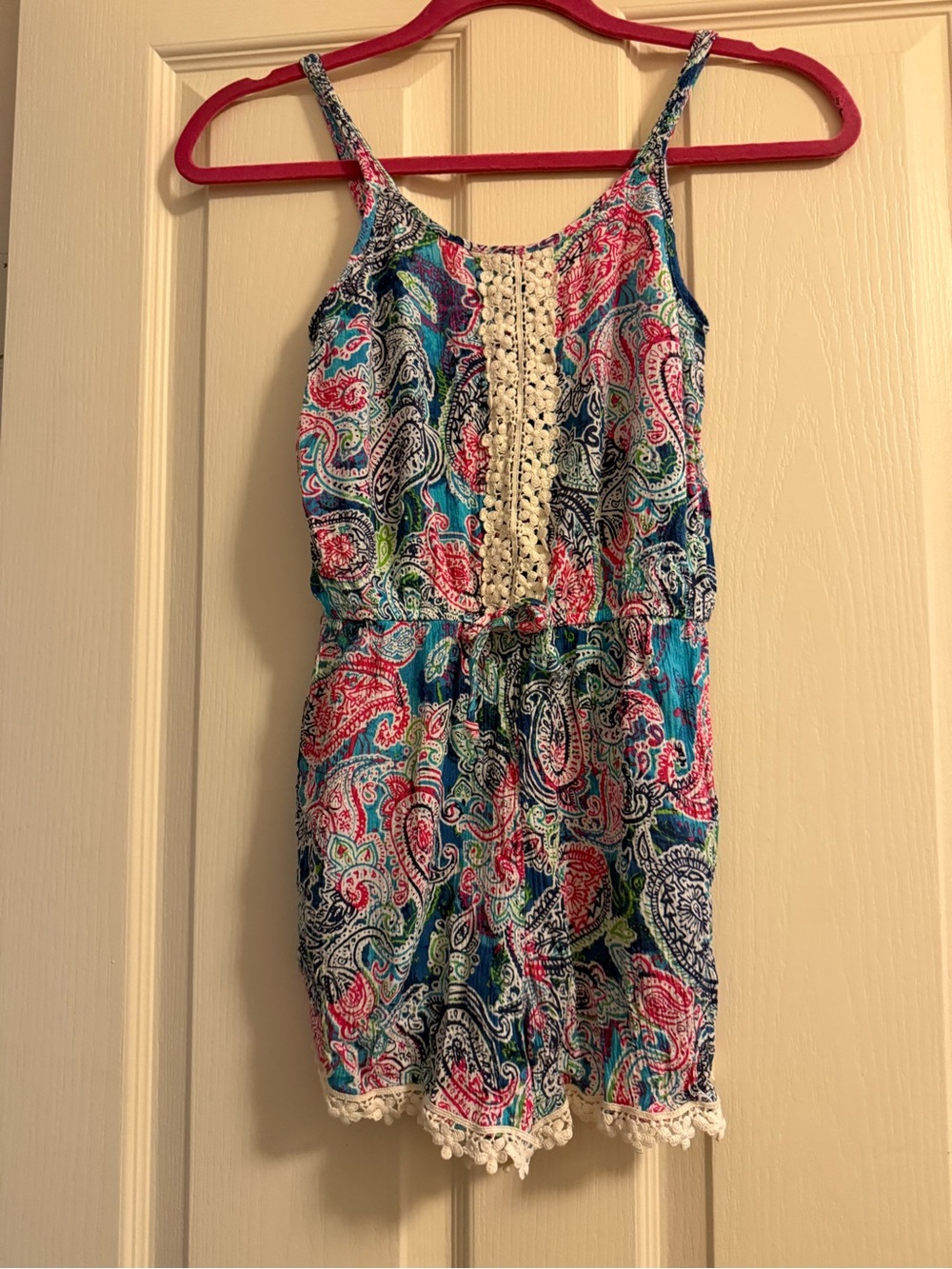 Speechless Blue and Pink Paisley Girls One-Piece Romper with Lace